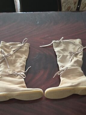 Nine West Beige Lace-Up Mid-Calf Boots